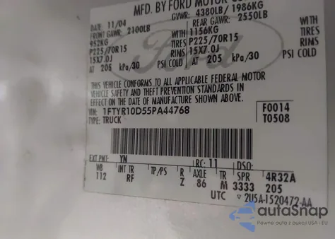 2005 Ford Ranger Xl/Xls/Xlt z USA, uszkodzony, nr VIN 1FTYR10D55PA44768